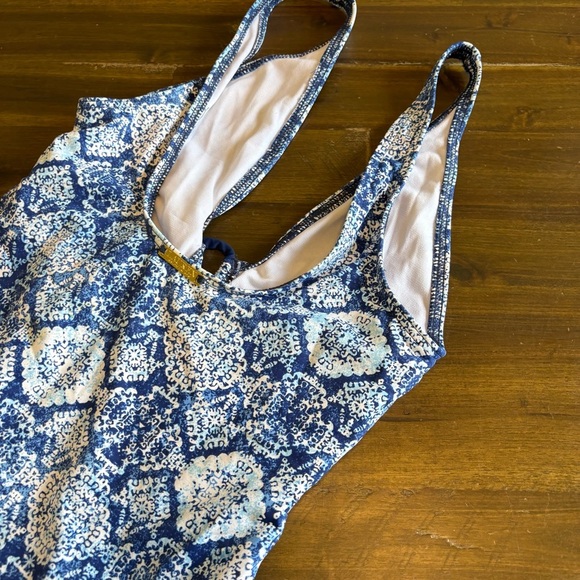 Lauren Ralph Lauren Agean Blue Tile Cutout Swimsuit Ruching Flattering Tummy 10 - Picture 8 of 10